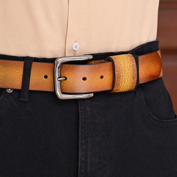 Vintage Leather Belt  For Men - Burnt Gold Full Grain  - Free Personalization - Picture 9 of 15